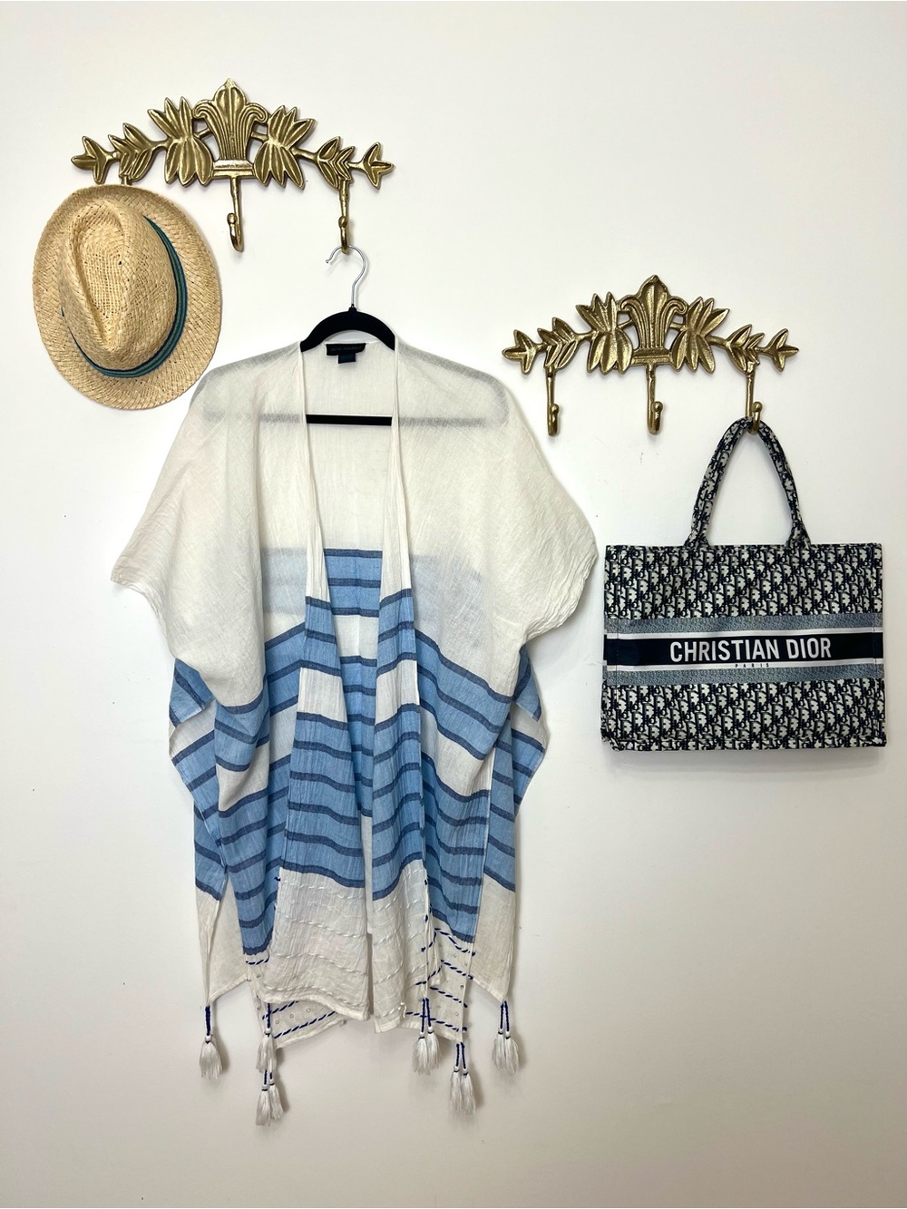 Lightweight White + Blue Striped Kimono Duster one size